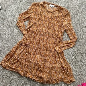 Floral 70s print long sleeve skater tiered mini dress